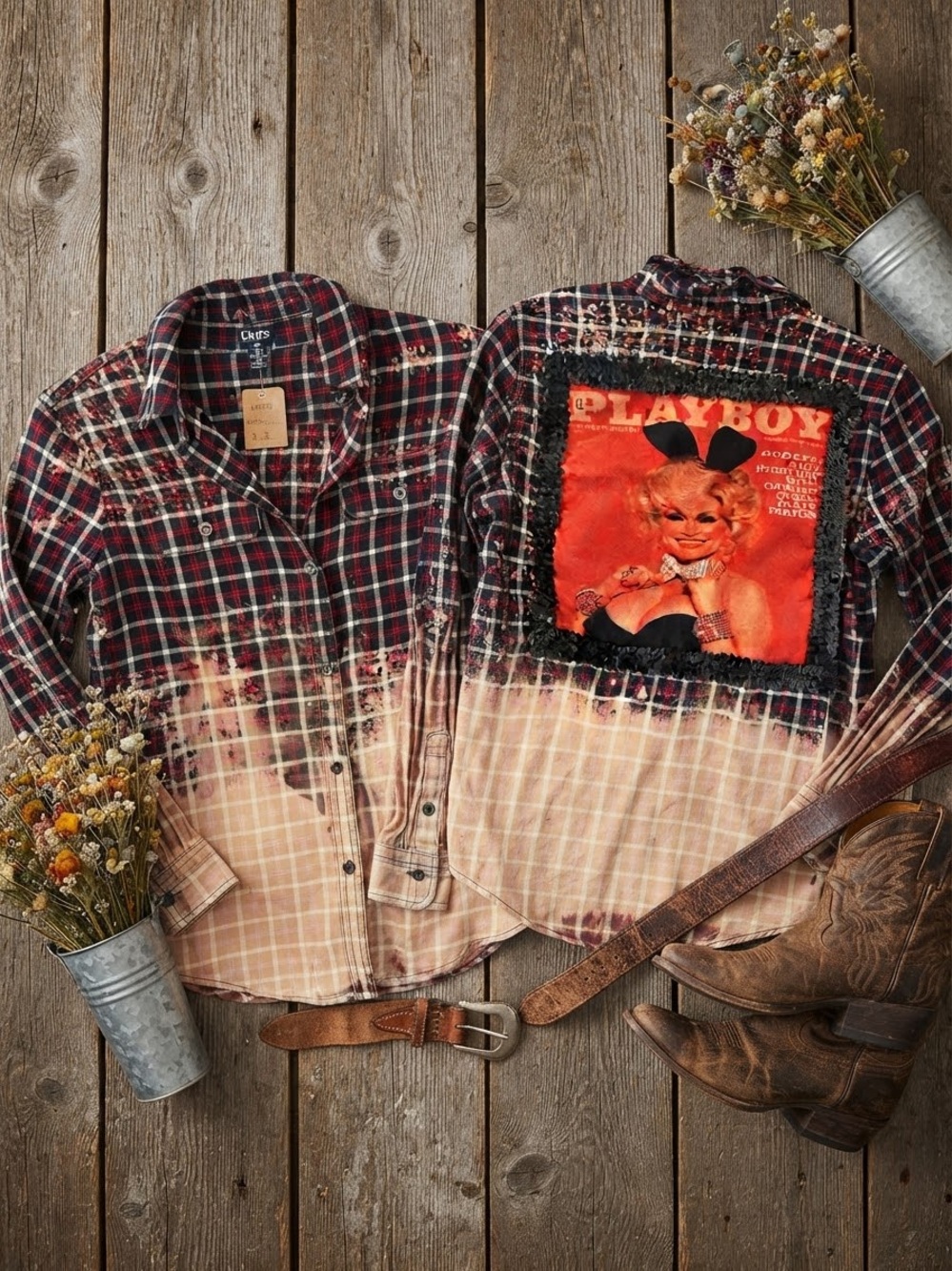 One-of-a-Kind Custom Dolly Parton Bleach-Dye Flannel – Size S (NWOT)